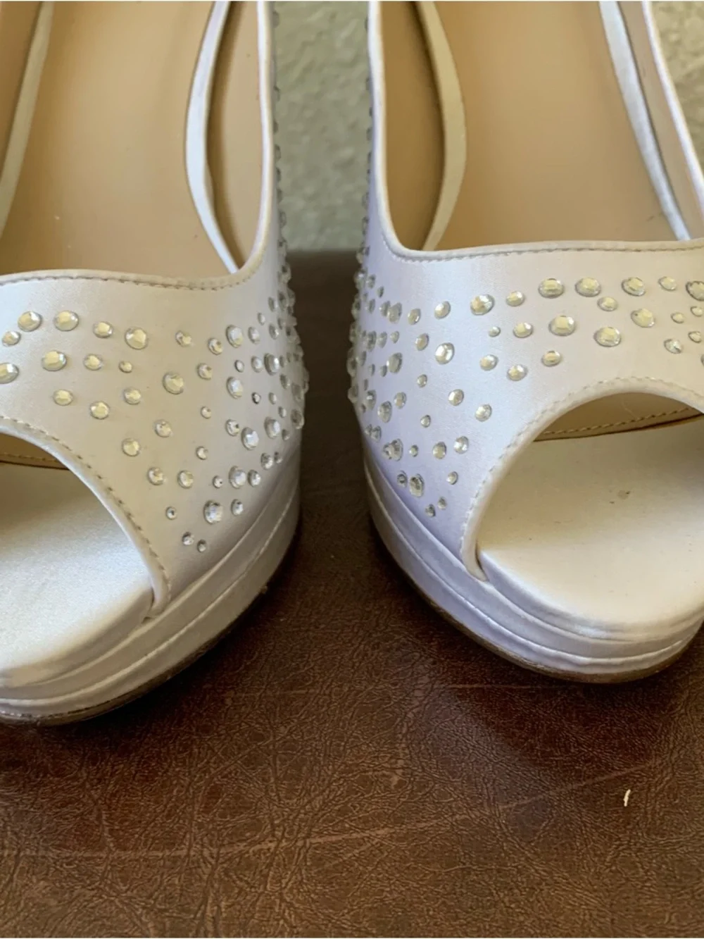 White Crystal-Embellished Peep-Toe High Heels